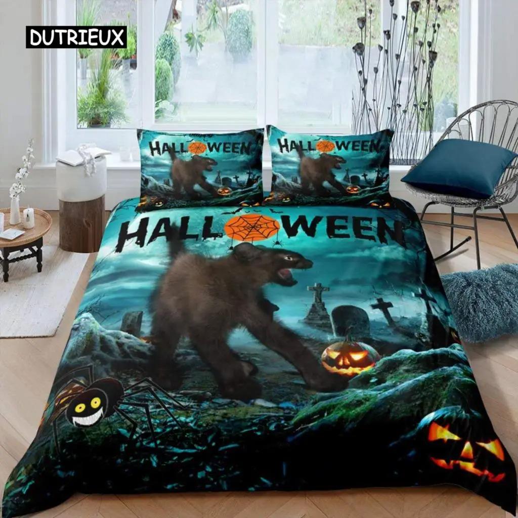 Pościel Królowa Król Motyw Horroru Poszewka na Kołdrę Gotycka Upiorna Poliester Poszewka na Kołdrę Gałęzie Szara Poszewka na Kołdrę Drzewo Halloweenowe