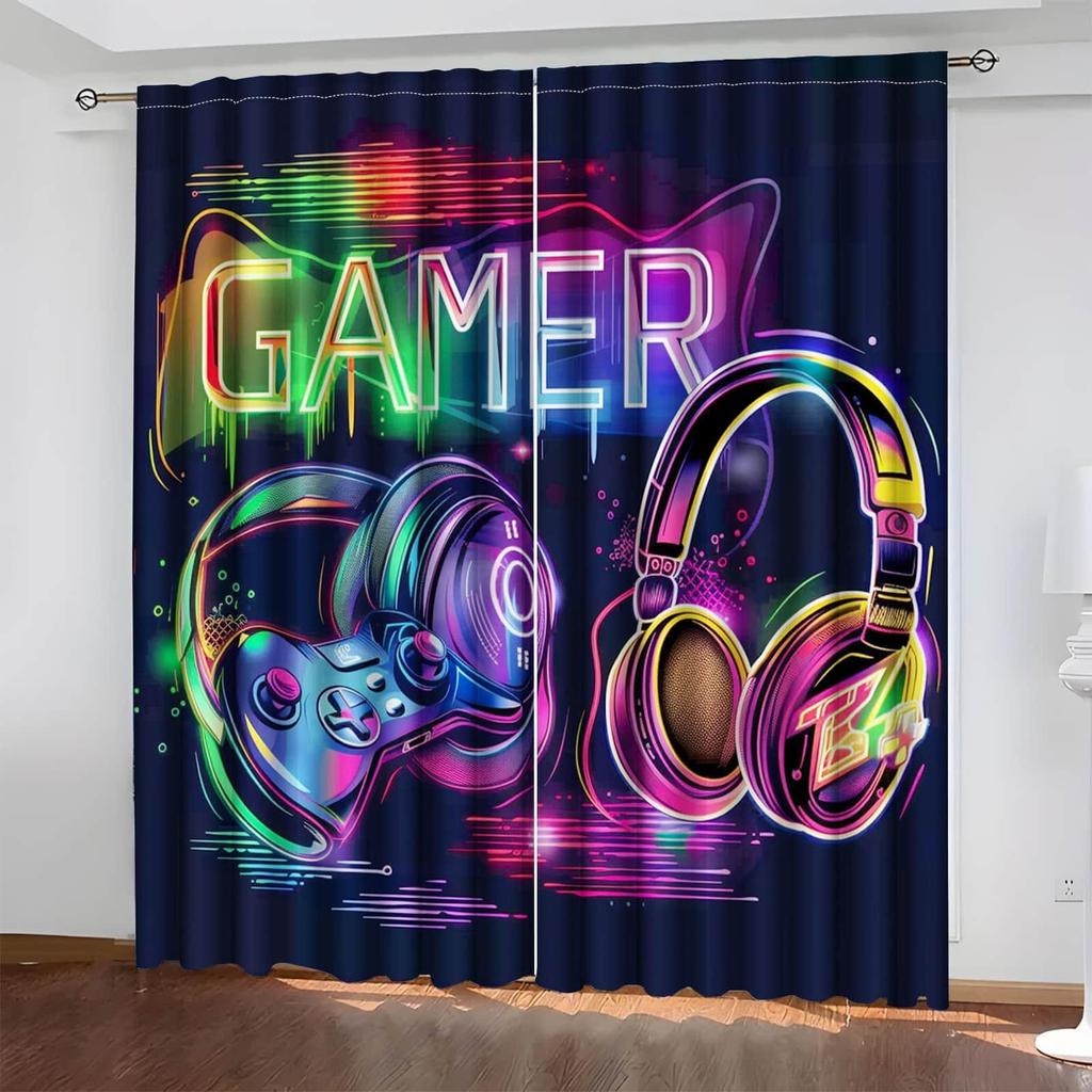 Gamer Blackout Curtains 2pcs Vibrant Gamer-Themed Blackout Curtains | Polyester, Semi-Transparent, Machine Washable - Modern