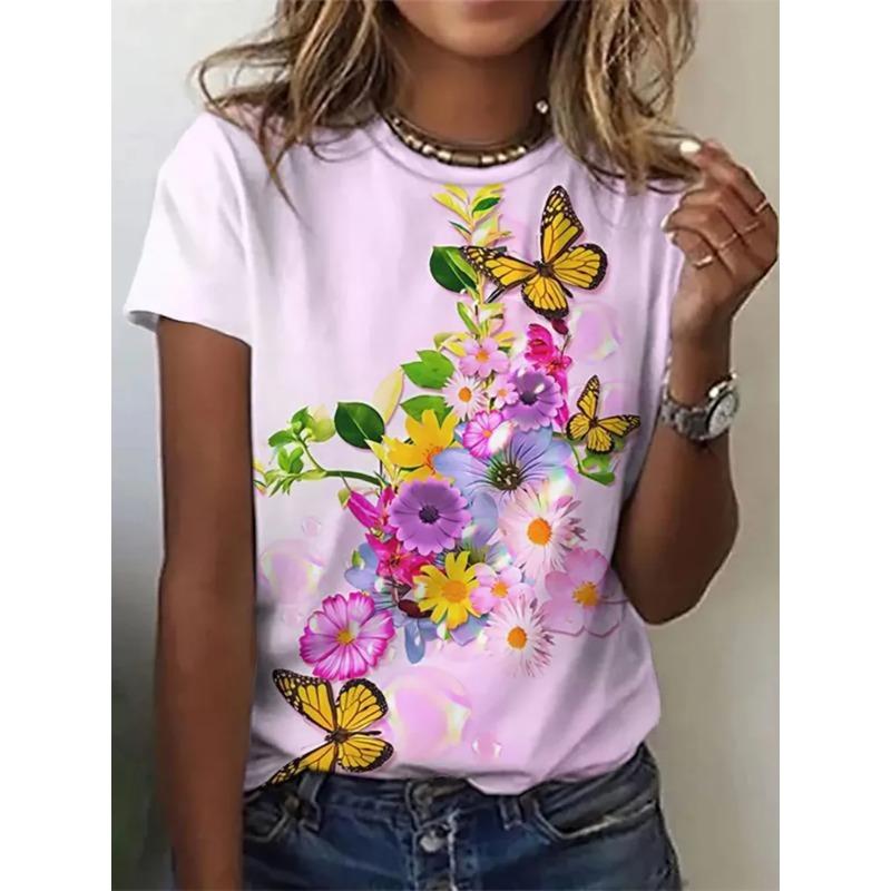 Summer Round Neck Women's T-shirt Fashionable 3D Flower Print Short Sleeved Casual Top Y Street Women's Clothing