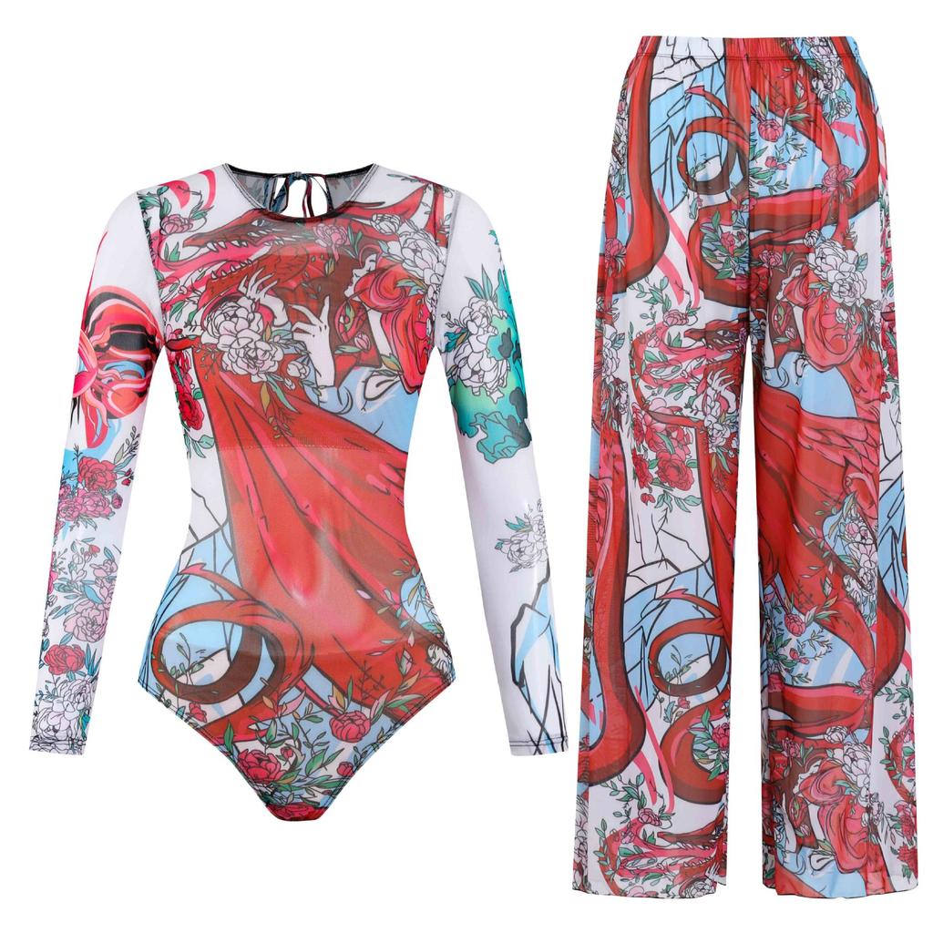 Long-sleeved Sunscreen Swimsuit Women's High Elastic Thickened Mesh Loose Trousers European and American Swimwear Fitness One-piece