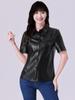 Allegra K Women's PU Leather Button-Down Shirt, Short Sleeve, Color Blouse, Jacket, Party/Club Top, Black, Size S