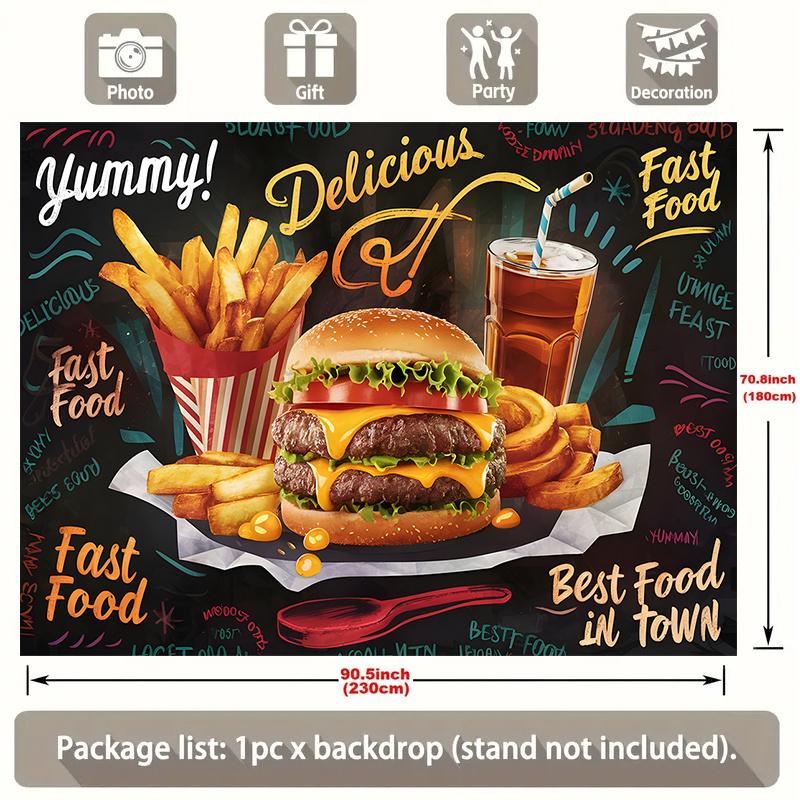 1 hamburger and French fries fast food themed banner designed as "Delicious! Delicious!" with multiple sizes to choose from