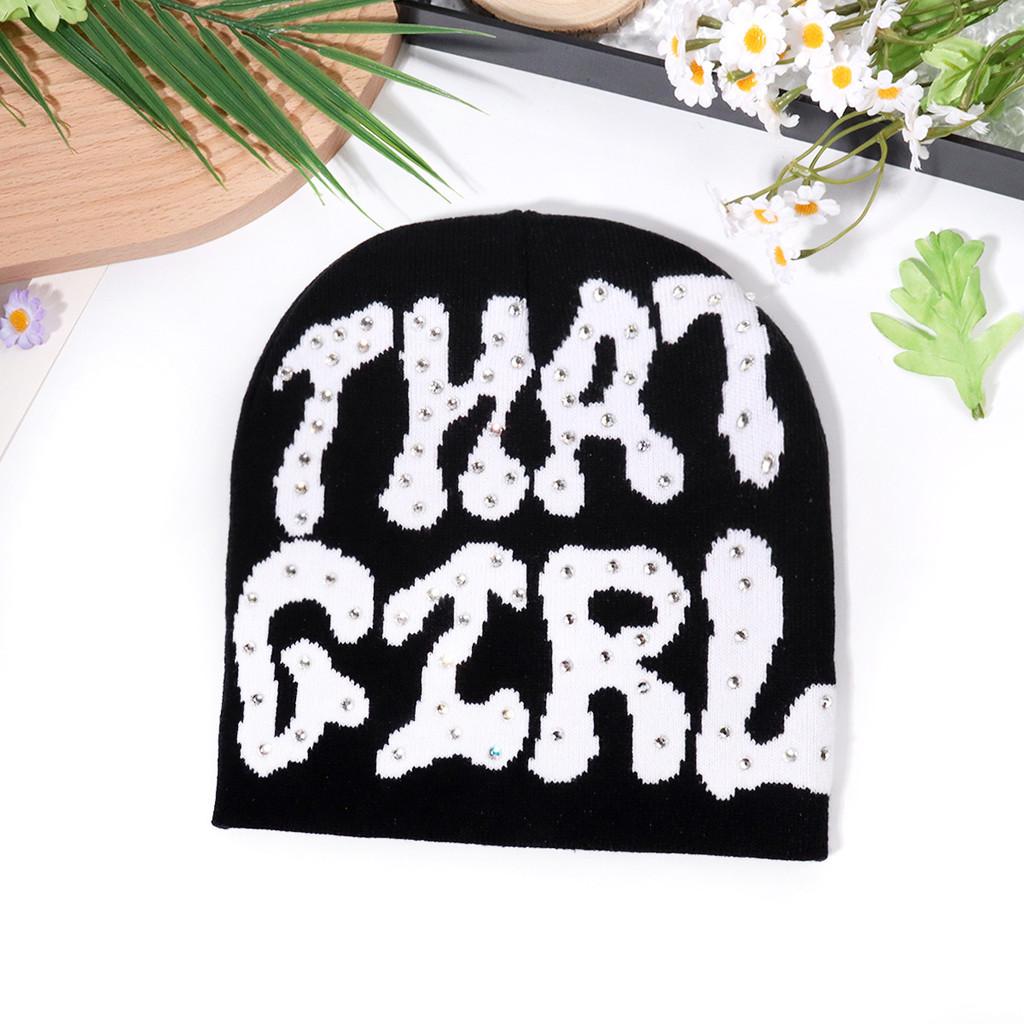 Fashion Pattern Letter Rhinestone Decoration Women Casual Warm Knitted Hat