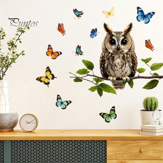 Pastoral Style Wall Mural Owl Butterfly Sticker, Forest Animal Illustration Decorative Decals, Sunproof Outdoor Window Cling Waterproof Removable
