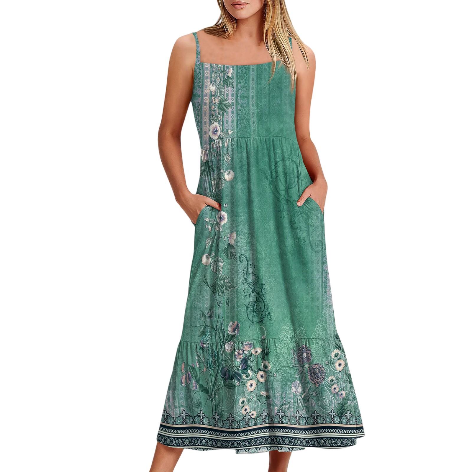 

Женское длинное пляжное повседневное элегантное платье макси на тонких бретельках с цветочным принтом, струящееся платье в стиле бохо S