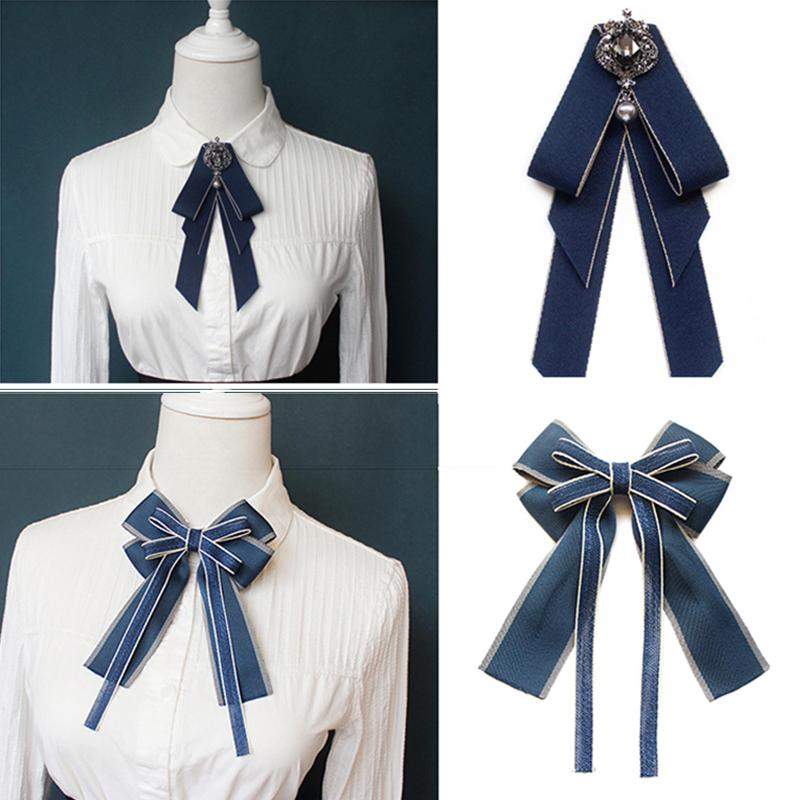 New Female Unisex Bow Tie Brooches For Women Pearl Crystal Pendant Collar Pin Shirt Clothes Necktie Bowknot Suit Accessories