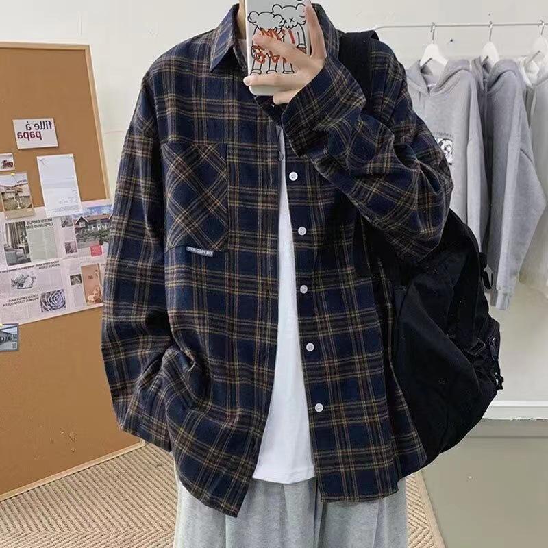 Men's Hong Kong Style Plaid Shirt Autumn Set - High-End Teen Cool & Handsome Outfit