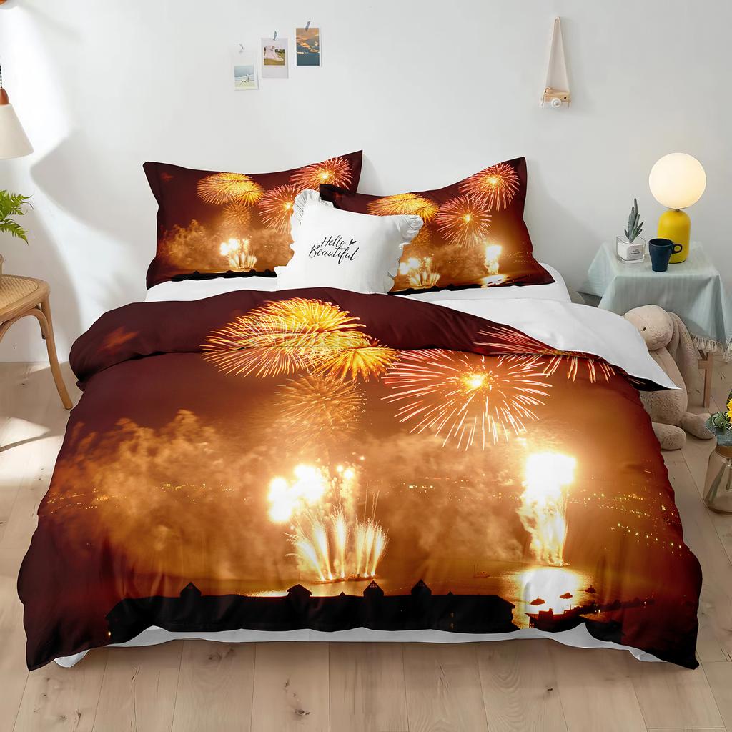 Blue Fireworks Duvet Cover Set 3D Romantic Theme Beautiful City Night New Year Festival Accessories for Kids Teens Bedroom Decor