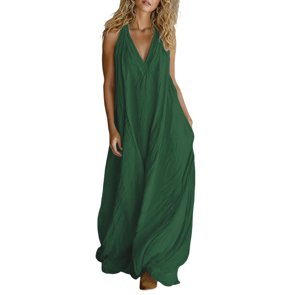 Women’s Casual Sleeveless Loose Fit V Neck Maxi Dress with Pockets Lightweight Solid Relaxed Long Sundress for Daily Wear