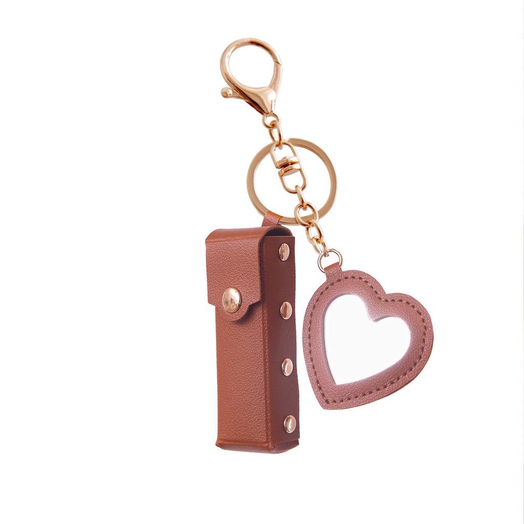 Heart-Shaped Mini Lipstick Keychain with Mirror: Portable Leather Holder for Girls