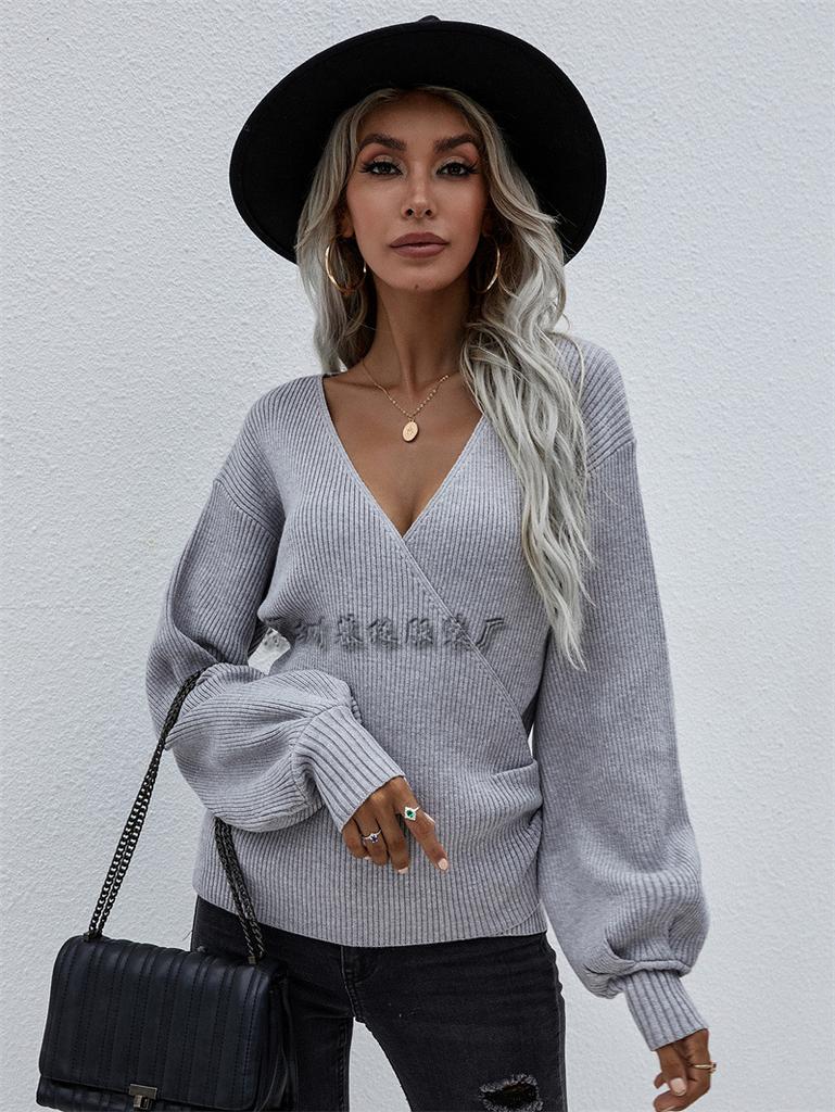 Autumn and Winter Cross V-neck Solid Color Knitted Sweater European and American Women's Clothing Pullover Needle Loose Sweater Women