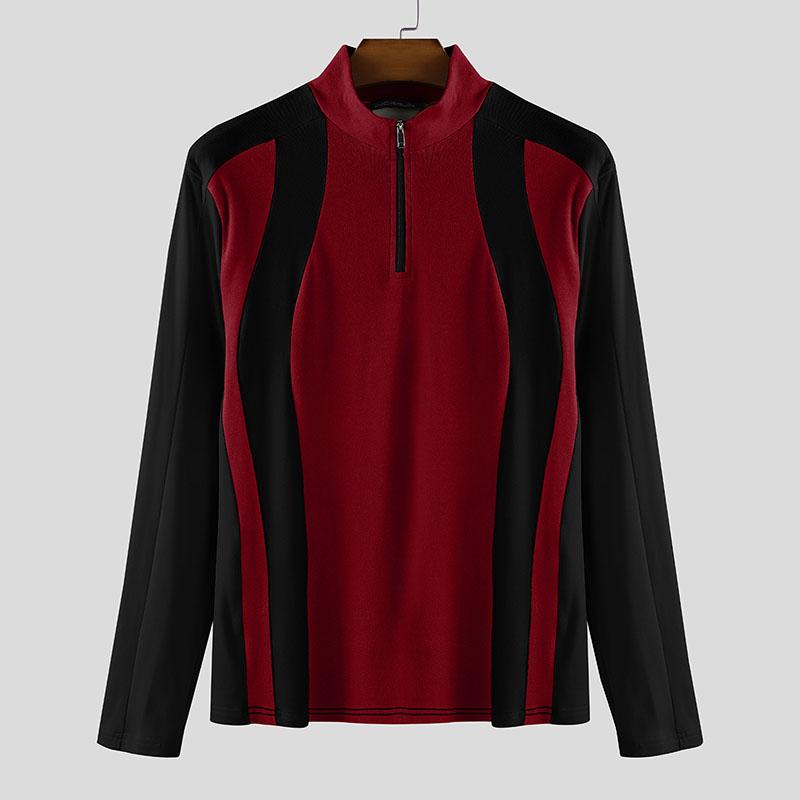 INCERUN Men Mockneck Long Sleeve Patchwork Zipper Casual Fitted Pullover Tops