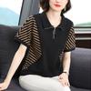 New Women's Clothing Elegant Fashion Loose Round Neck Simplicity Pullovers Zipper Striped Patchwork Button  Summer T-Shirts