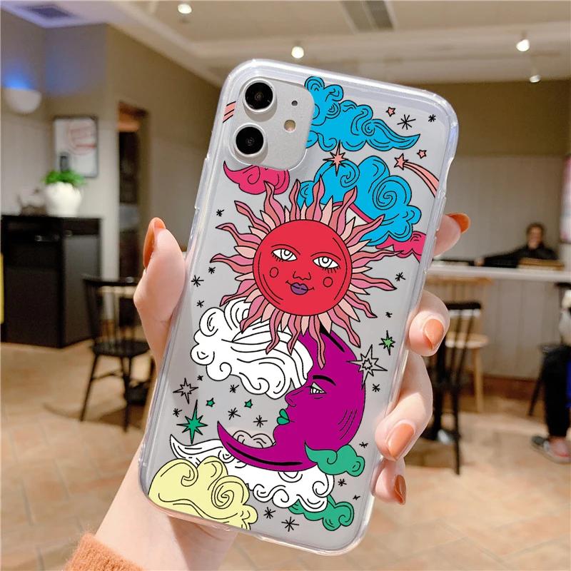 Funny Sun Moon Face Shockproof Phone Case For iPhone 15 14 11 12 13 Pro MAX Mini XS XR SE 14 Plus Fundas Transparent Back Covers