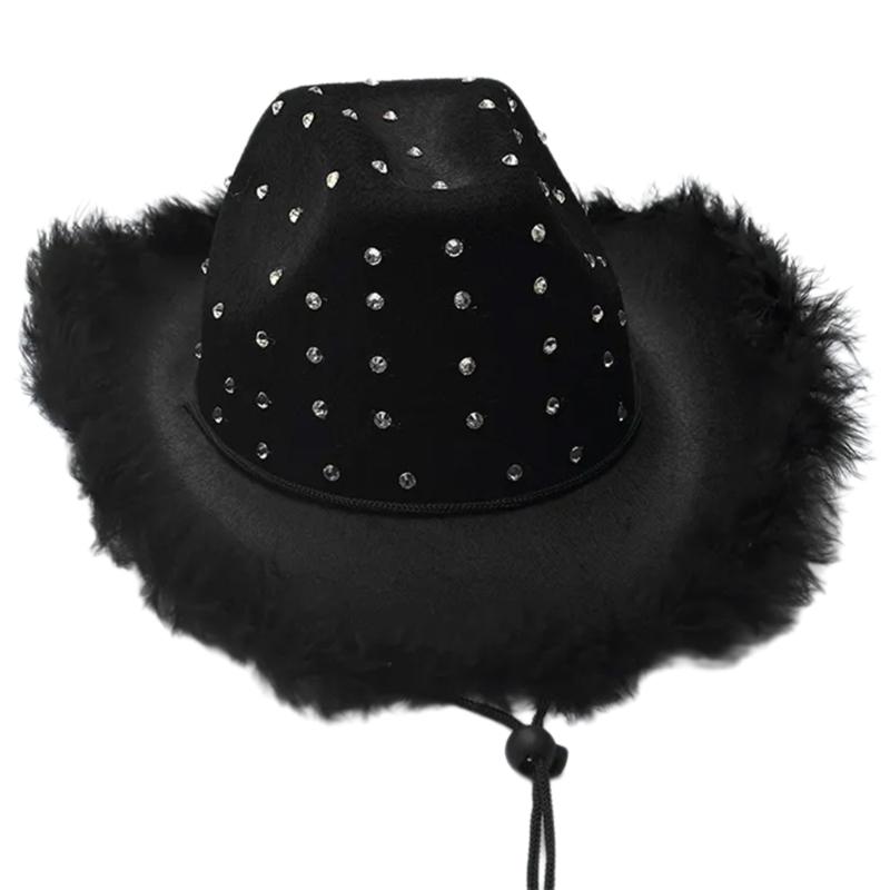 Feathered Trim Western Hat with Rhinestones Studded for Music Festival Cosplay Costume Headwear Carnivals Party Accessory
