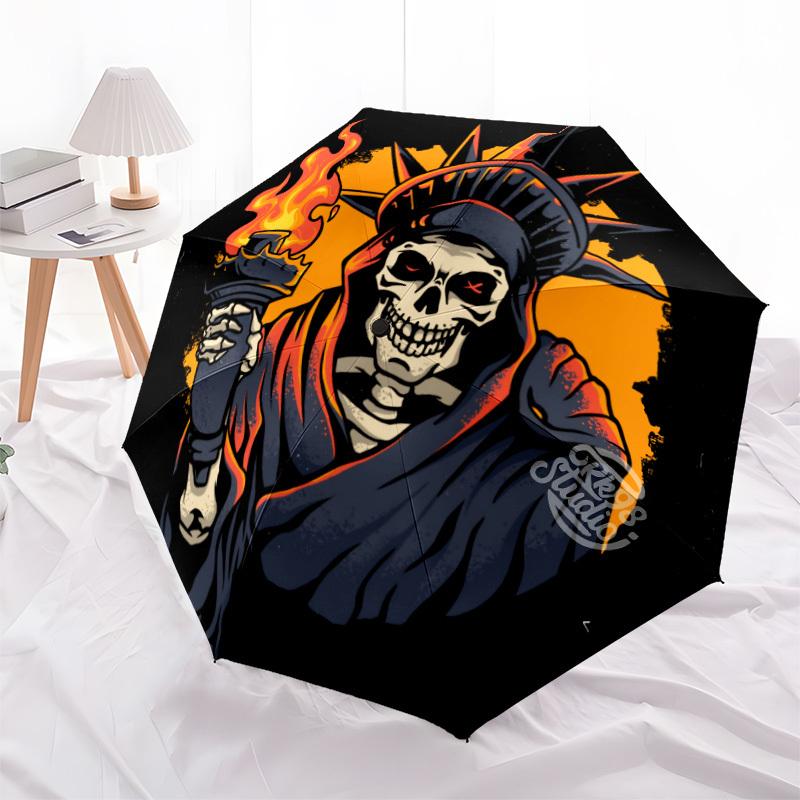 1pc Liberty, Death SkullAutomatic Folding Umbrella, Portable Collapsible Design, Casual Outdoor Accessory, for All Seasons017