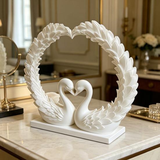 3D Printed Heart Shape Swan Couple Figurine, Romantic Love Statue for Wedding Women Couple Wife, Modern Style Decor for Shelf Office Living Room