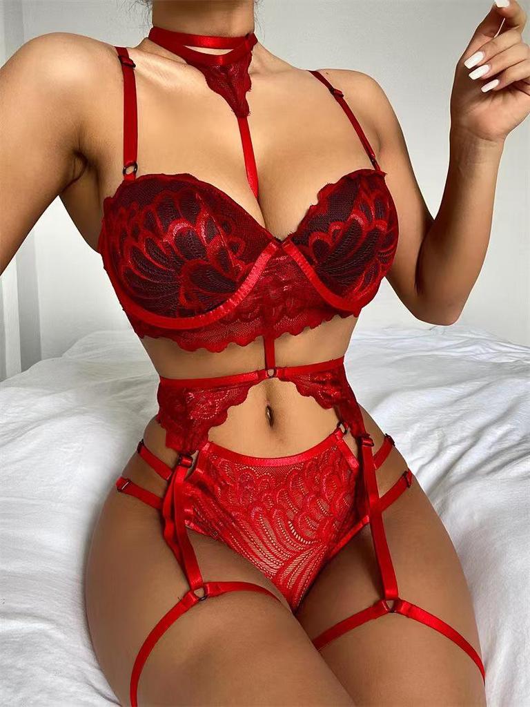 Europäisches & Amerikanisches Sexy Spitzen-Strumpfbandgürtel Neckholder Dessous Set