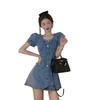 Women's Plus Size Slimming Denim Bubble Sleeve Dress - Summer Waist-Cinching Suspender Skirt