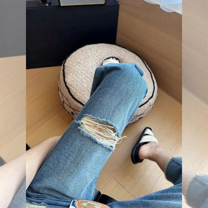 Spring and summer large size rough edge straight pants ripped fat mm versatile jeans women's high waist and thin wide leg cropped pants