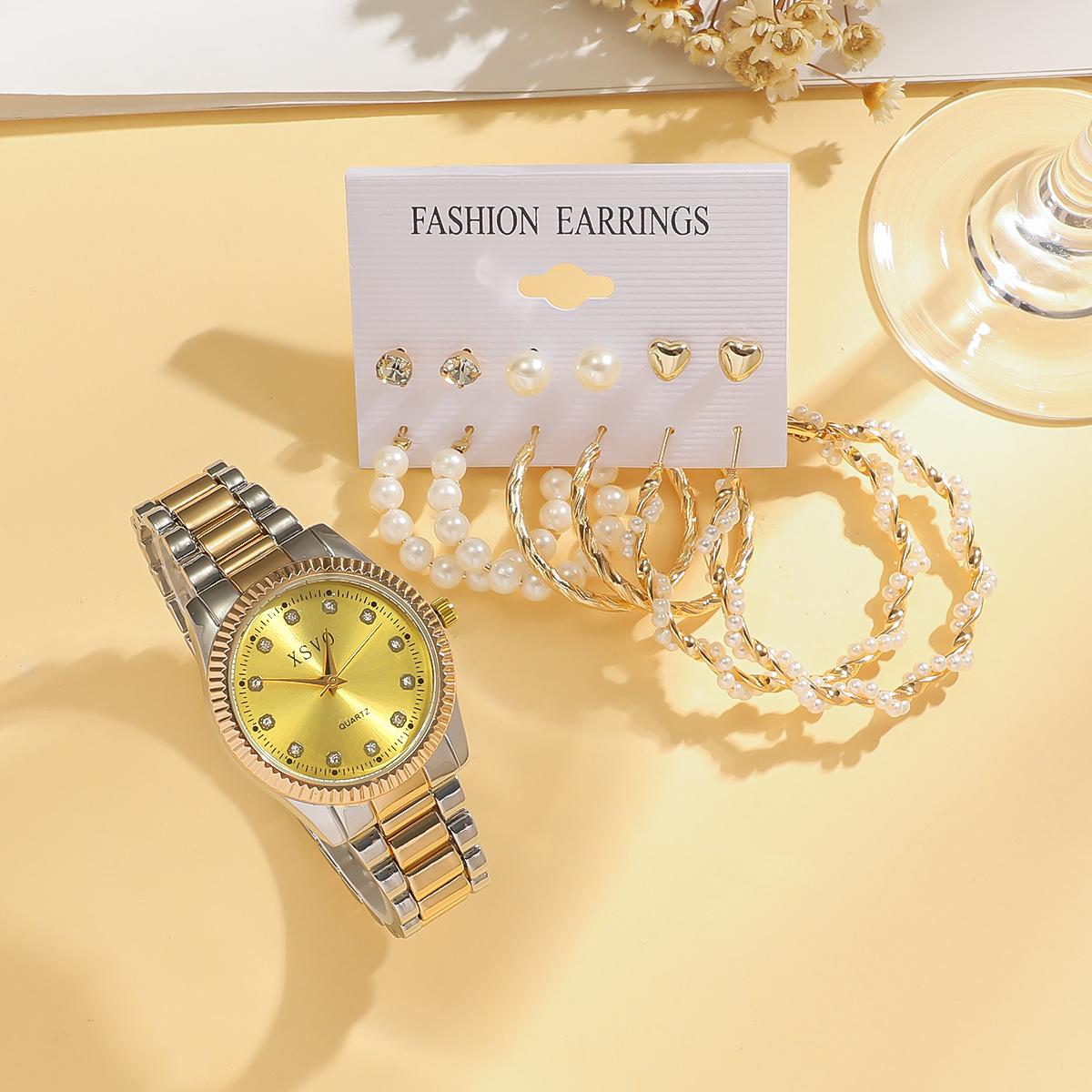 

No gift box Fashion diamond strap calendar women s fashion trend high sense watch multiple styles of earrings set золотой