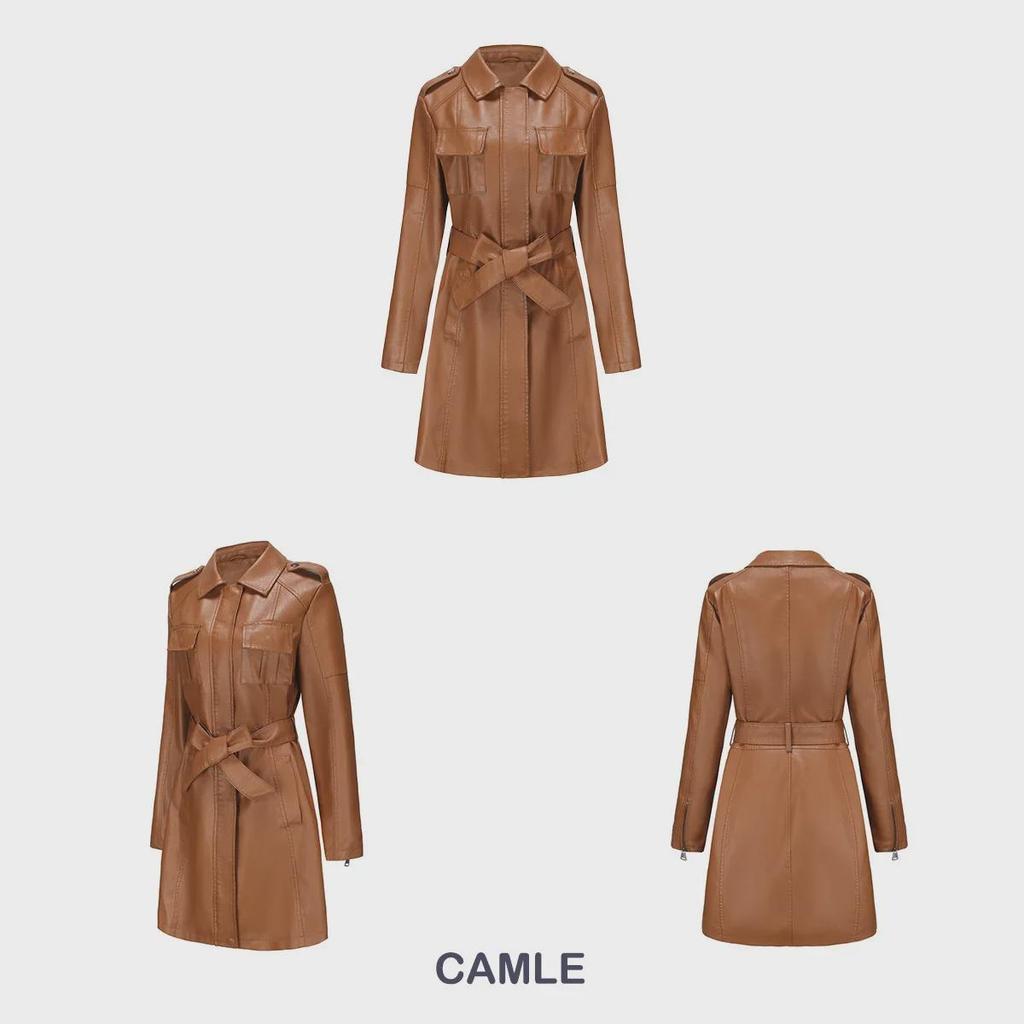 Damen Mittellange Lederjacke mit Gürtel - Stylischer britischer Windbreaker für Frühling/Herbst