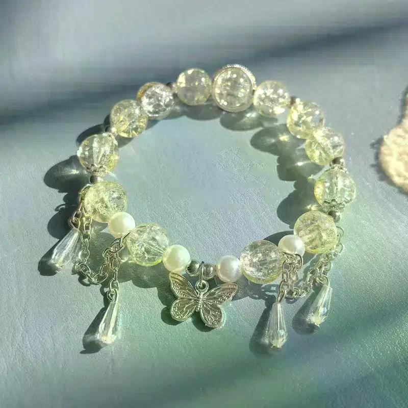 Bracciale con Perline e Ciondolo Farfalla in Cristallo Rosa Stile Coreano Ins per Donne Ragazze Dolce Catena di Perline Gioielli Regali