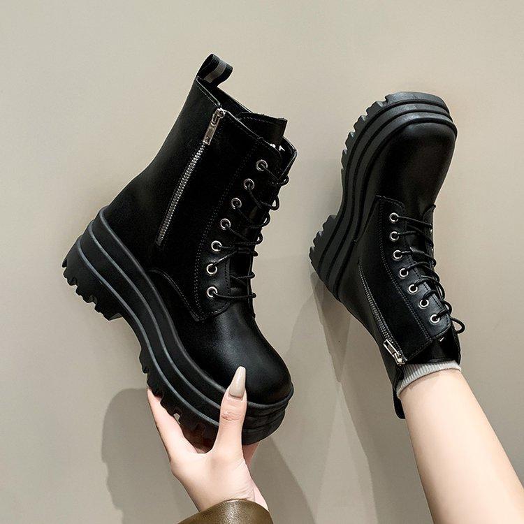 Black Martin boots autumn and winter new thick-soled heightening zipper boots muffin locomotive thin medium boots