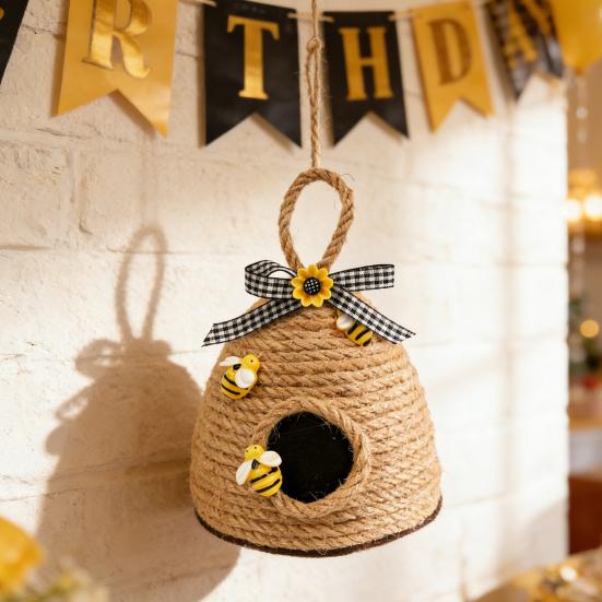 Woven Rope Bee Hive Hanging Ornament Handmade Rustic Pendant with Sunflower And Bowknot for Bedroom Living Room Farmhouse Spring Party Decor