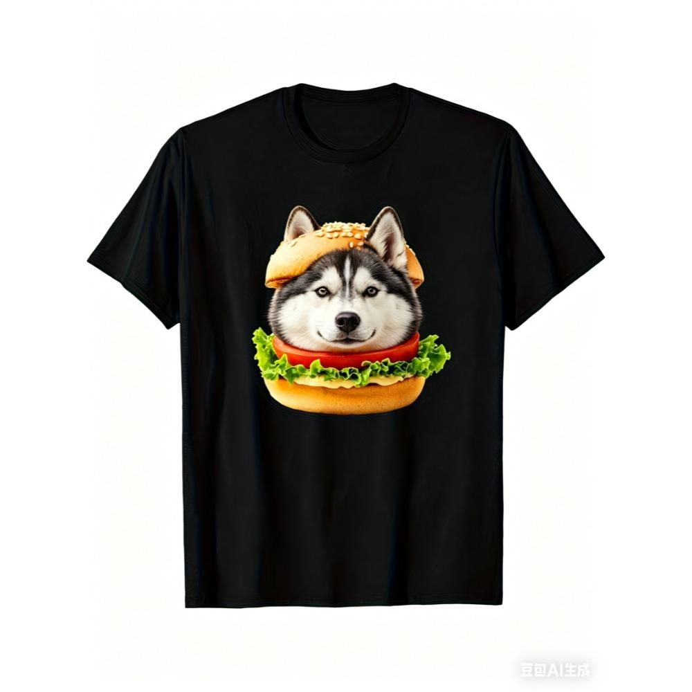 Fun Dog Burger T-shirt Cute Dog Burger Pattern T-shirt Kawaii Animal Food Gift Top Women's Short Sleeve T-shirt