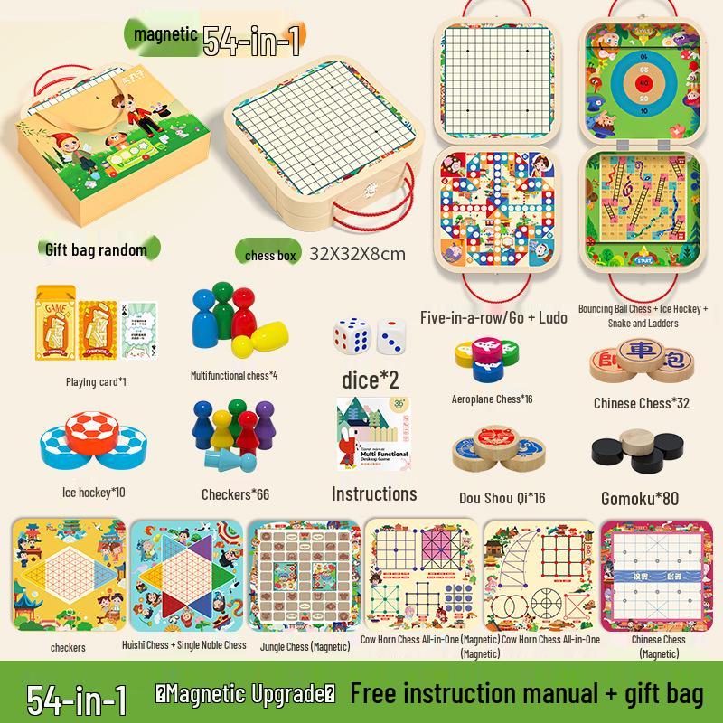 Multifunctional Wooden 7-in-1 Educational Game: Flying Chess & Checkers Set for Kids