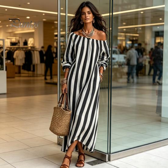 Daily Wear Dress Summer Women Striped Long Dress, Off Shoulder Sleeve Casual Ankle Length Loose Swing with Side Pocket
