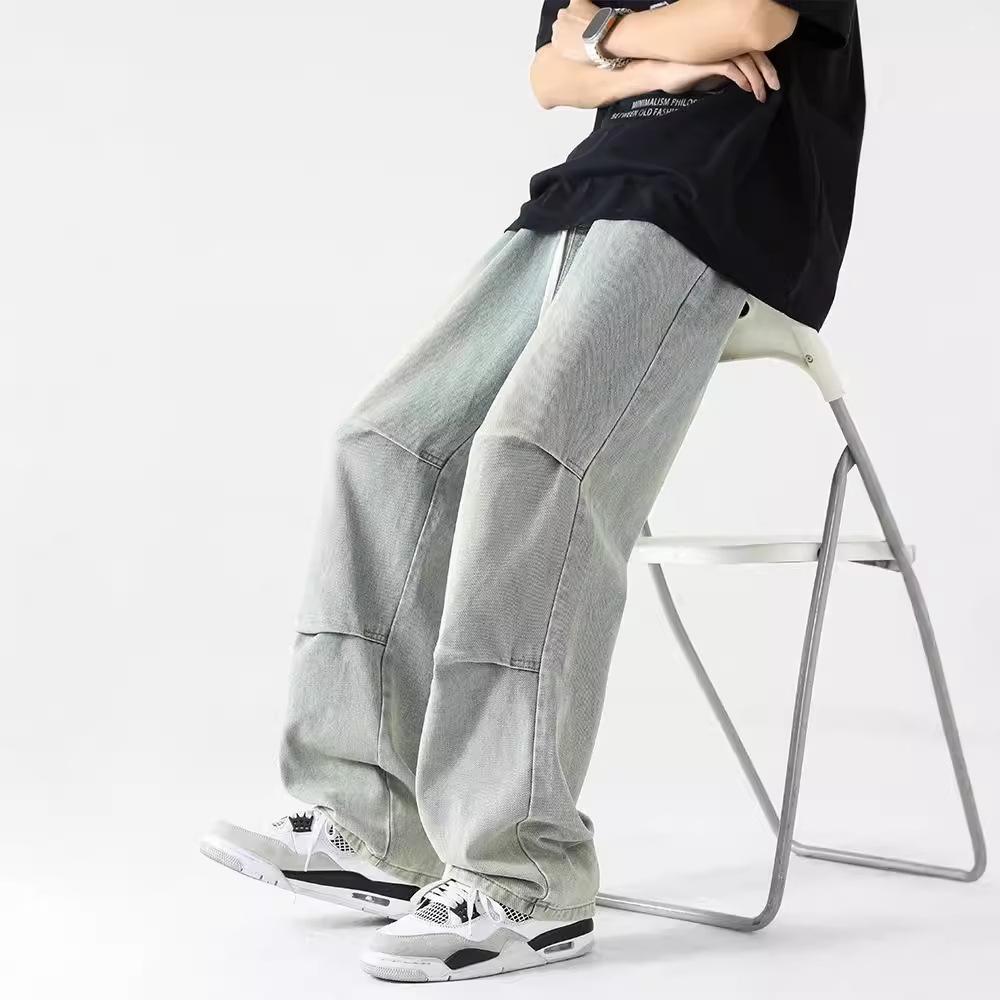 JYL Men's Wide-Leg Jeans American Spring High-Street Vintage Mud Dyed Casual Denim Pants