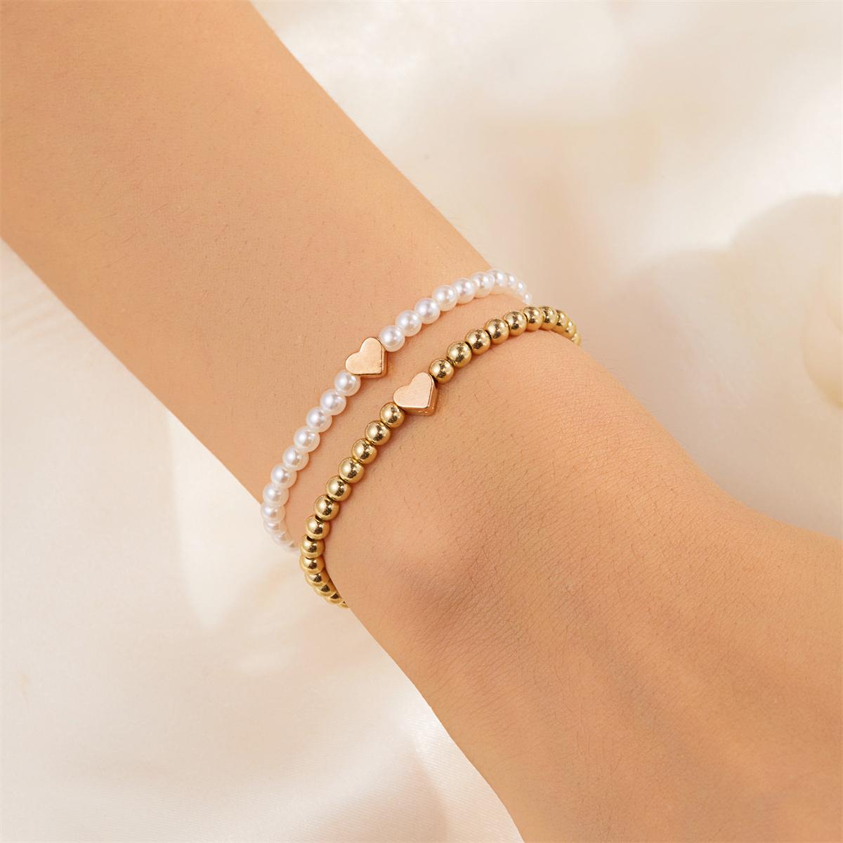 Double Layer Minimalist Love Heart Gold Color Imitation Pearl Beaded Bracelets For Women Men Retro Cross Star Bangles Jewelry