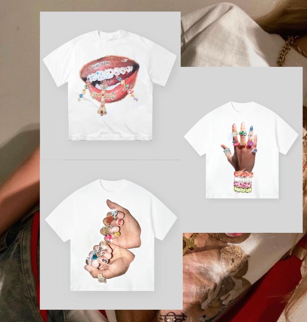 Summer Finger Graffiti Diamond Ring Printed T-Shirt Hip Hop Fashion Personality Tees Casual  Streetwear Round Neck Top Unisex