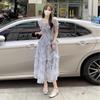 2025 Summer Floral Retro Square Collar Slimming Long Dress with Wood Ear Edge