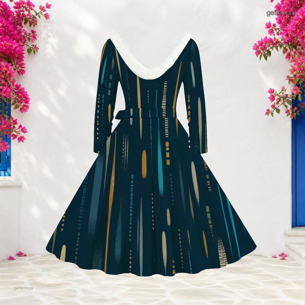 Women Plus Size Furry V Neck Long Sleeve Dark Blue Abstract Print Belted A Line Midi Dress