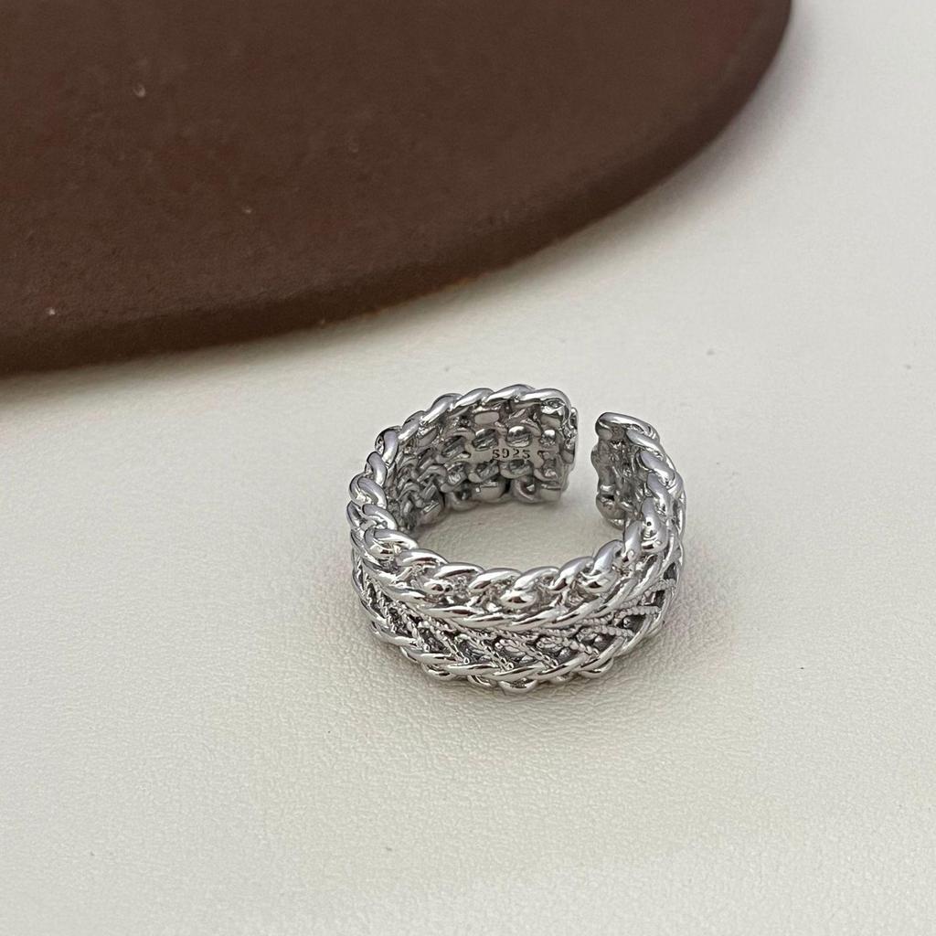 Geometric Multi-layer Chain Ring with Irregular 3D Mesh Texture - Adjustable Couple Style Stackable Ring
