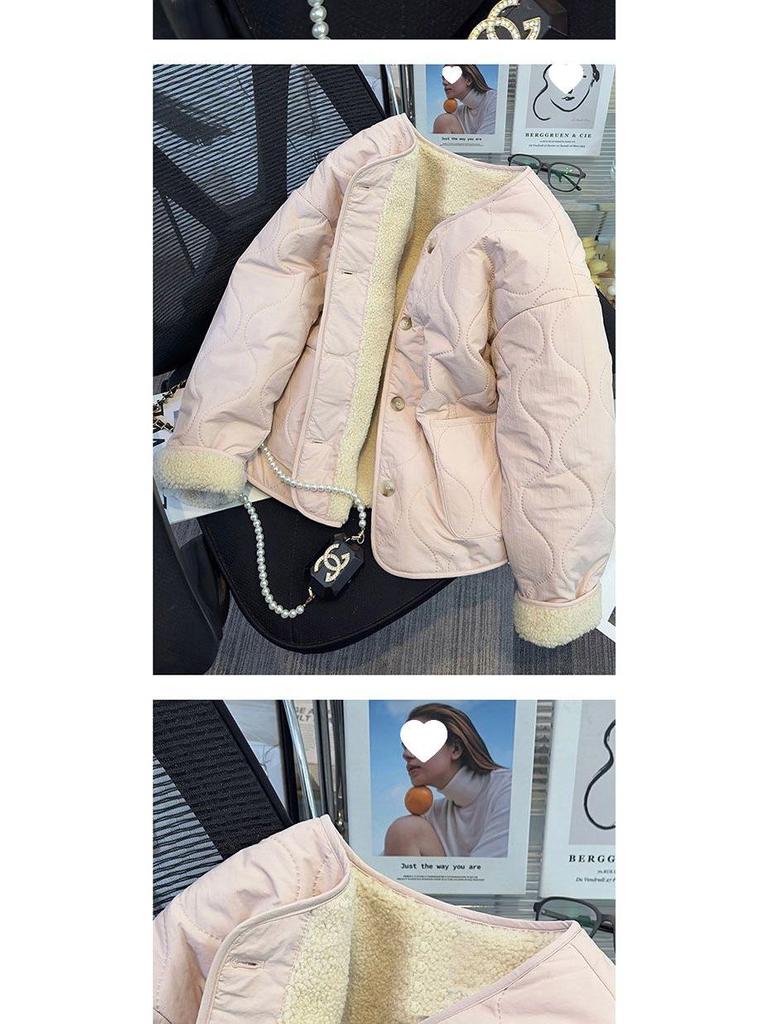 Women's Pink Fleece-Lined Cotton Coat - 2025 Autumn/Winter Fashionable Student Commuting Padded Jacket