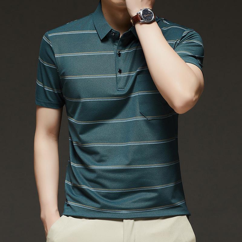 Ice Silk Short-Sleeved T-Shirt Men'S Mid-Lapel Collar Striped Printed Thin High-Elastic Polo Shirt Men'S