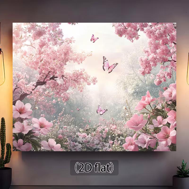 2D Romantic Sakura and Magnolia Garden Backdrop Photography Background Banner