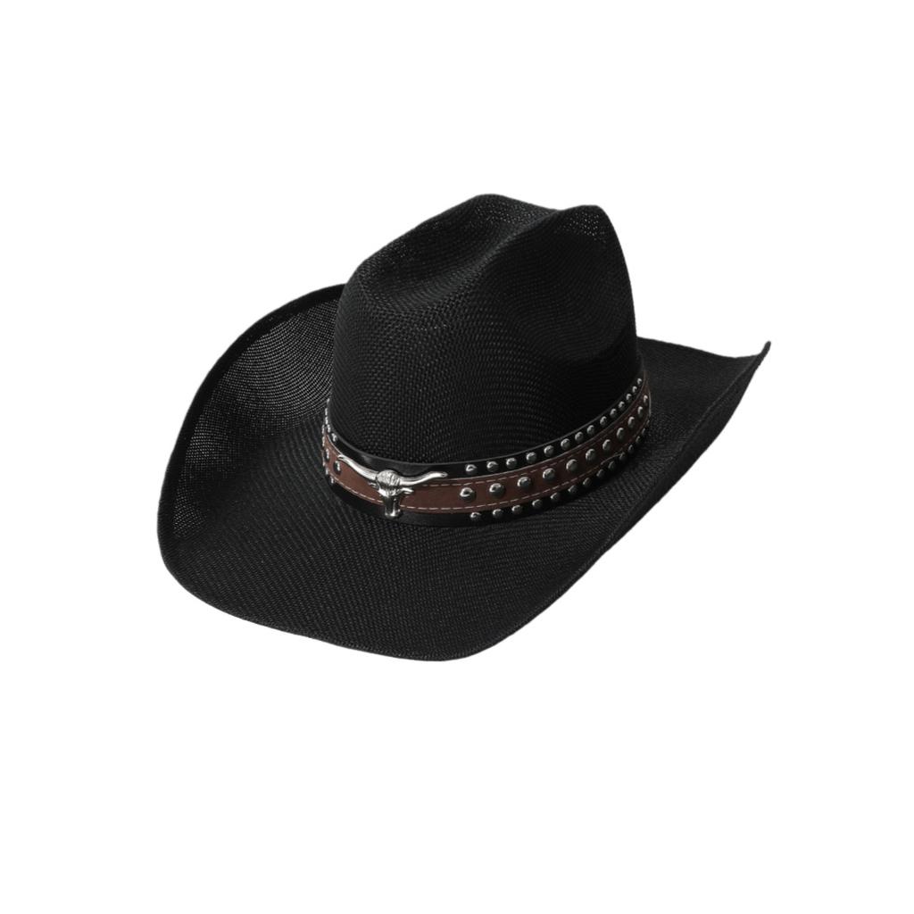 Retro Bull Head, Rivet Belt, Straw Hat, Women's and Men's Summer Visor, Rolled-brimmed Western Cowboy Top Hat