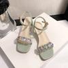 Summer 2025 Open-Toe Women's Sandals Rhinestone Mid Heel Strappy Sandals Best Selling Comfortable Crystal High Heels for Women