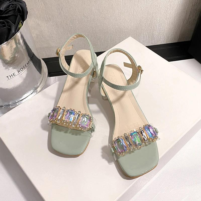 Summer 2025 Open-Toe Women's Sandals Rhinestone Mid Heel Strappy Sandals Best Selling Comfortable Crystal High Heels for Women