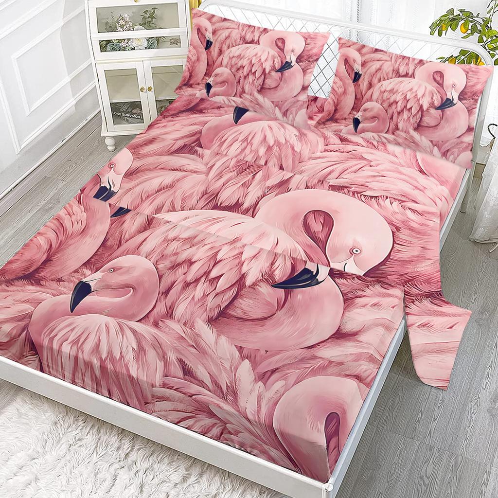 4-Piece Stacking Flamingo Set, Flocks Of Flamingos Gathering, Including 1 Flat Sheet, 1 Duvet Cover, 2 Pillowcases (Gift)