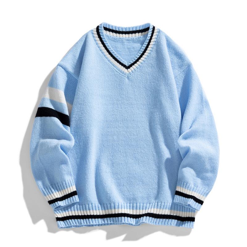 

Fake Two-piece Sweater Men s Autumn Splicing College Style V Neckline Sweater Men s and Women s Models M синій