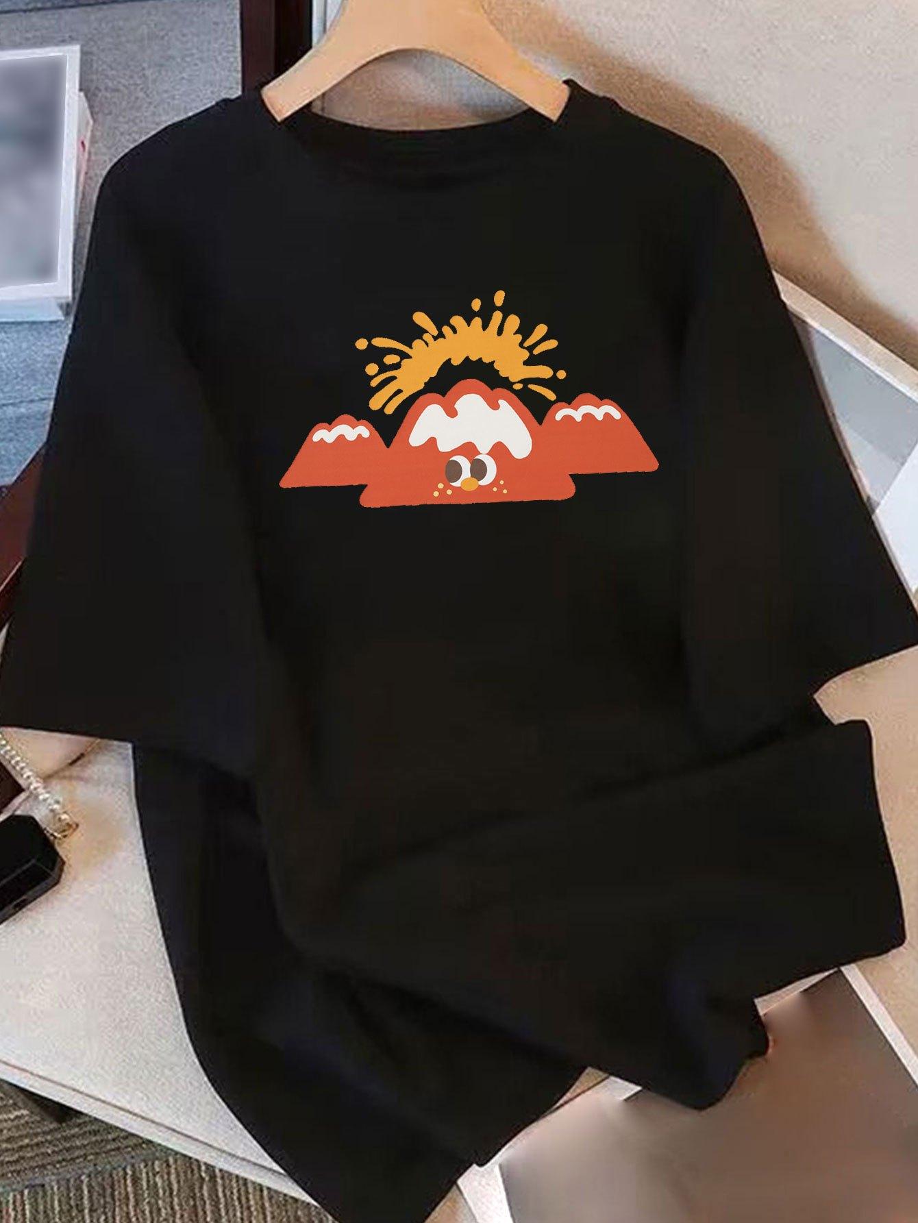

Womens with Cartoon Graphic Print Sleeve Round Neck Black Top for Casual Attire Harajuku Short Sleeve Casual Aesthetic Clothes 4XL