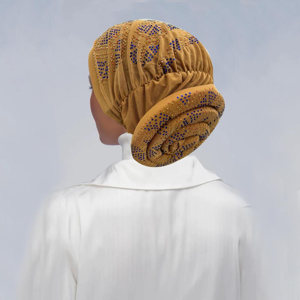 Full Diamonds Women's Donut Turban Cap Elastic Muslim Headscarf Bonnet Female Headband Hat African Caps Lady Hair Accessories