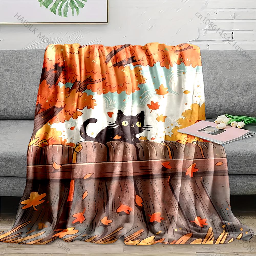 1PC Black cat on fence in autumn Print Adult Children Warm Blankets Home Travel Car Soft Comfortable Suitable for all seasons