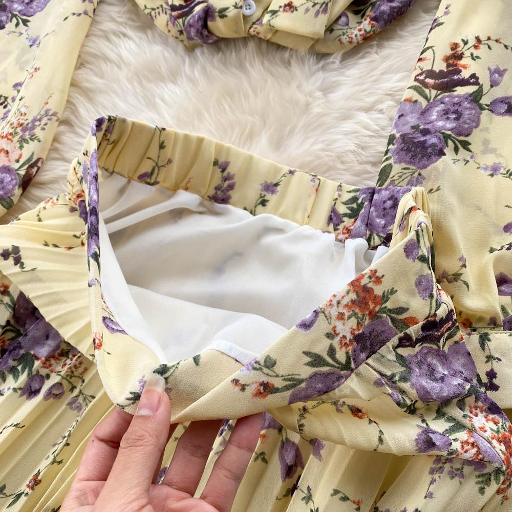 Spring Fashion Bow Top + Heavy Industry Pleated Chiffon Skirt Two-Piece Set Of Foreign Style Broken Flowers